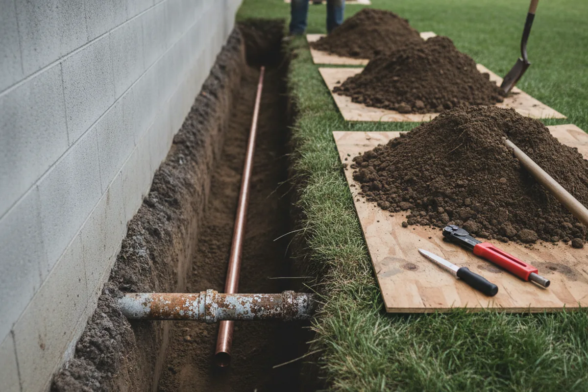 Excavated water line trench during Water Heater Repair in Sultan